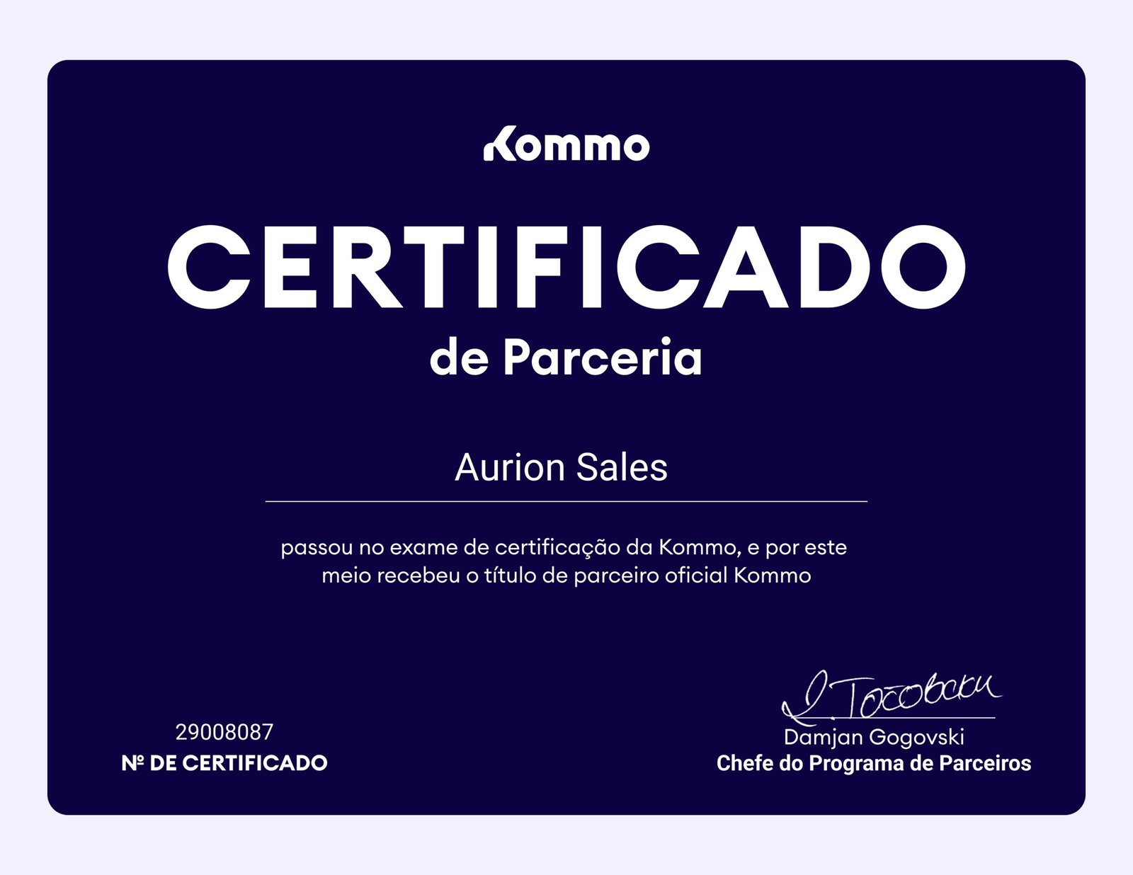 Certificado Oficial Kommo Aurion Sales
